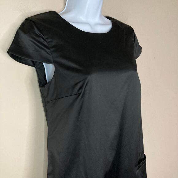 NWT Theory Maryanka Black Shiny Shift Mini Dress Cap Sleeve Front Pockets Size 4 - Picture 10 of 16
